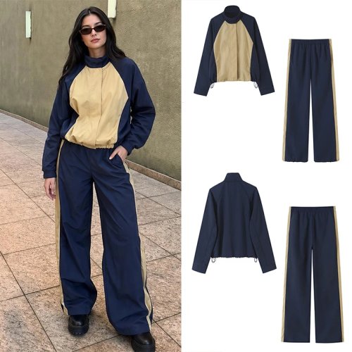 Guobioziy Ensemble en Nylon pour Femme Blocs de Couleur Édition Printemps-Automne 2026 Bleu Foncé & Kaki Décontracté Streetwear