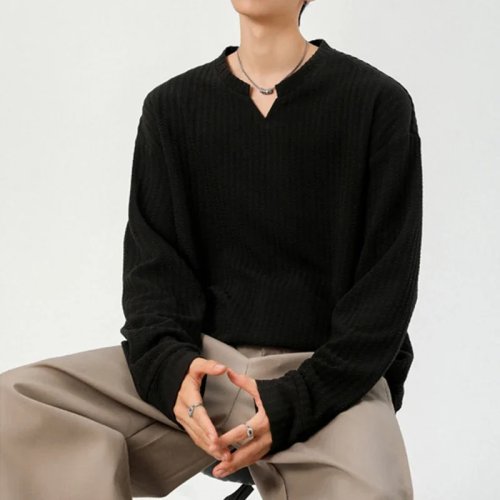 Men's Casual Split Neck Long Sleeve Shirt Vertical Textured Relaxed Fit Outdoor Daily Wear