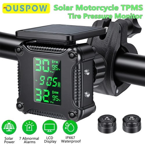 Ouspow Sistema di Monitoraggio Pressione Pneumatici Moto TPMS Wireless Display a Colori Ricarica Solare Allarme Temperatura Sensore