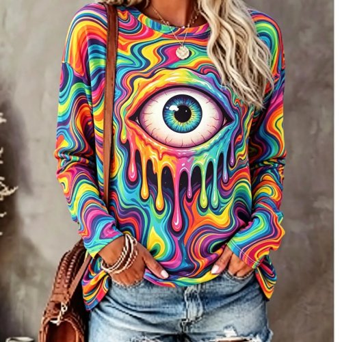 T-shirt a maniche lunghe da donna psichedelica Third Eye Dripping Neon Swirl stampa all-over girocollo