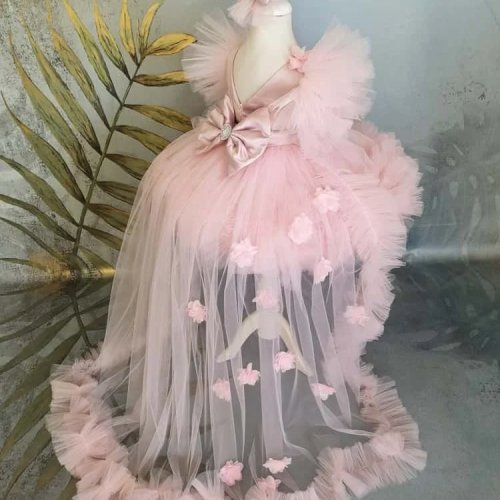 Vestido de niña de las flores de ensueño con mangas de tul esponjadas, gran moño de satén, falda corta de princesa con volantes para fotos de cumpleaños de bebé y concurso