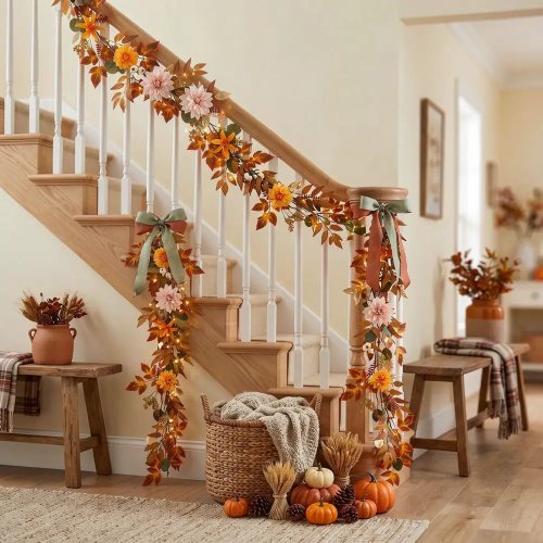 Künstlicher Herbstkranz mit Ahornblättern, Kürbis und Rattan – Thanksgiving-Erntedankfest-Deko zum Aufhängen, Wandschmuck