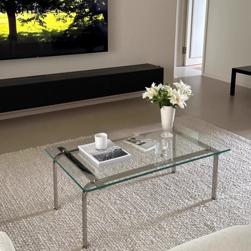 Modern Stainless Steel Coffee Table with Glass Top, Vintage Designer Side Table for Living Room
