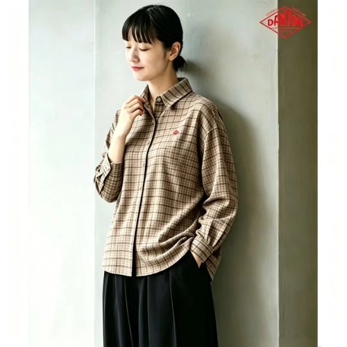 DANTON 가을 신상 일본 스타일 클래식 레터 로고 캐주얼 폴로 카라 체크 셔츠