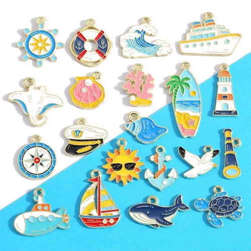 12 piezas dijes biología marina - velero, telescopio, faro, DIY aleación esmalte accesorios joyería llavero