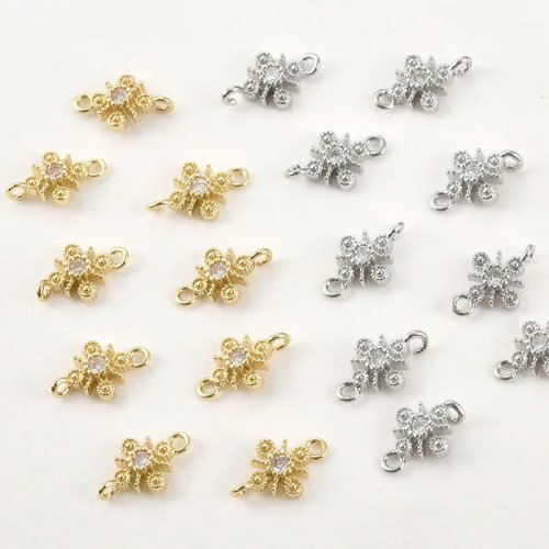 14K Gold-Plated Copper Delicate Cross with White Zirconia, Double Hanging Flower, DIY Jewelry Connector Accessories