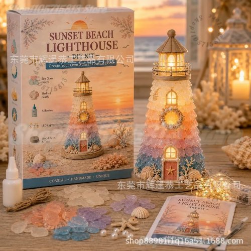 Kit de Faro Estilo Vidrio de Mar con Luz DIY, Kit de Faro de Vidrio de Mar DIY con Piezas y Guía, Decoración de Hogar Hecha a Mano