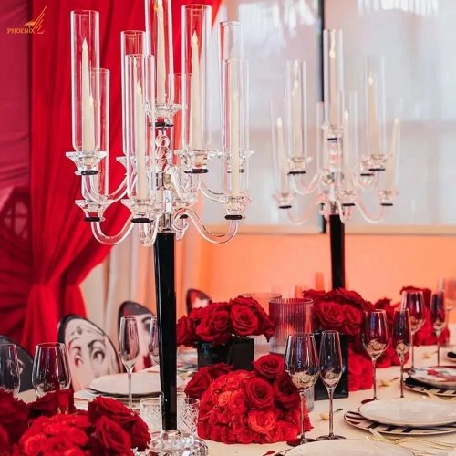 5Pcs Crystal Glass Candle Holder Floral Stand Wedding Aisle Decorations
