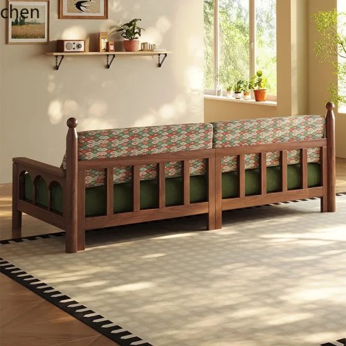 Sofa z litego drewna orzechowego czarnego w stylu mid-century modern minimalistyczna tapicerowana do salonu, małych i dużych mieszkań