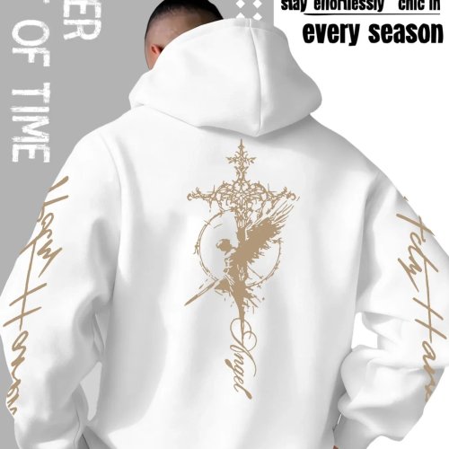 Men's Gothic Angel Cross Hoodie Distressed Script Letter Graphic Back Sleeve Print Vintage Fleece Sweatshirt Streetwear