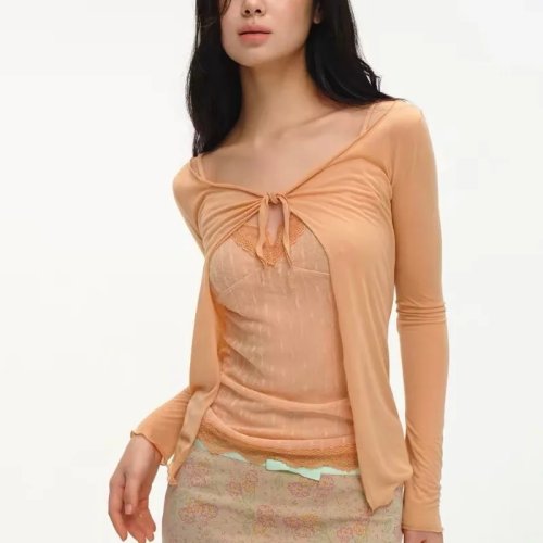Ensemble 2 Pièces Femme Camisole Dentelle et Haut Manches Longues Y2K Doux Décontracté