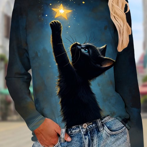 Women's Round Neck Long Sleeve T-Shirt Black Cat Starry Sky Print Casual Autumn Tee Top