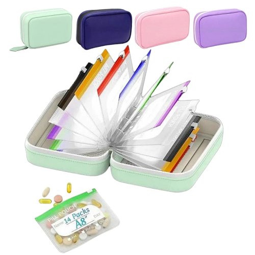 Organizador semanal de comprimidos 7/14 bolsas, conjunto de saquinhos à prova de água codificados por cores para medicamentos, estojo portátil para vitaminas e suplementos