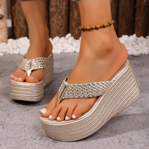 Women's Summer Wedge Heel Open-Toe Slippers - Thick-Soled, Casual Beach & Outdoor, Large Sizes, Elegant Dubai Luxury
