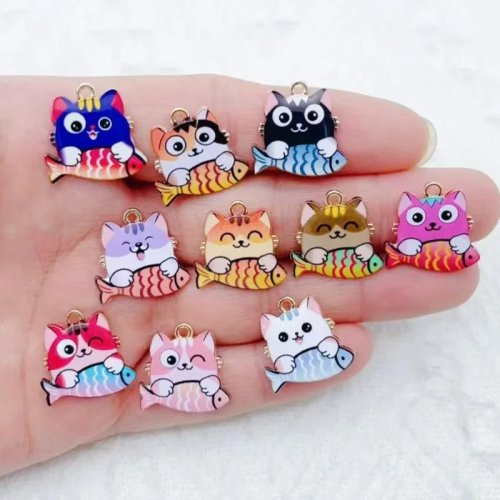10pcs Liontin Logam Kucing Makan Ikan Kartun Lucu, Aksesori DIY untuk HP & Bros