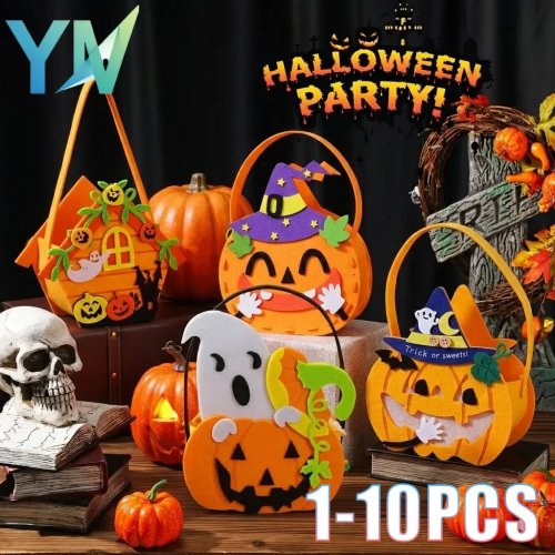 1-10PCS Kantong Halloween Trick or Treat Portabel Felt Labu Karung Hadiah Reusable Lucu untuk Pesta Rumah Sekolah Indoor