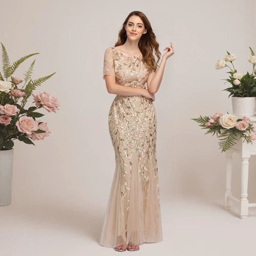 Robe de soirée femme trompette, manches courtes, col rond, longueur cheville, paillettes, ajustée, élégante