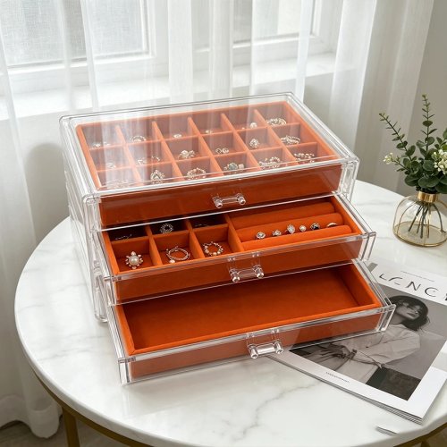 Orange Multi-Layer Jewelry Organizer Box with Drawers for Earrings and Necklaces