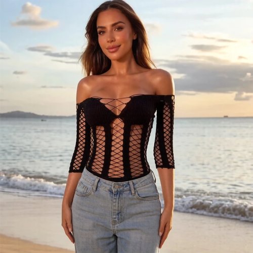 Top de malla de manga larga para mujer - Camiseta transparente sexy cover up de playa Y2K (sin bikini)