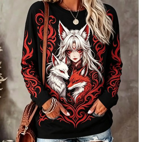 T-shirt de Manga Longa para Mulher Estampa Gótica Deusa Raposa de Nove Caudas Fantasia Sombria Roxo Decote Redondo