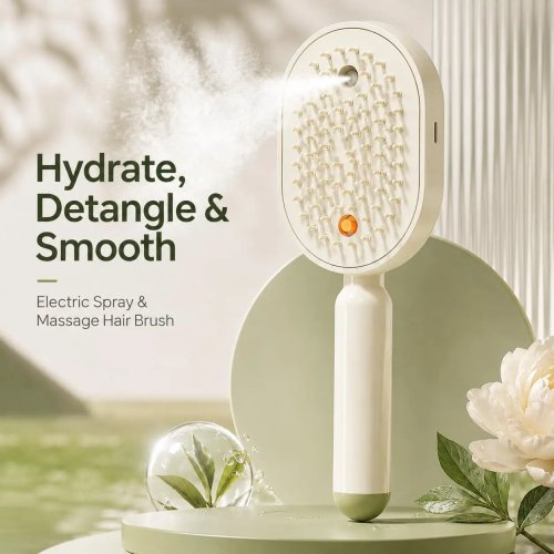 Peigne masseur électrique avec spray 2 en 1, brosse à cheveux hydratante avec fonction spray, réduit les frisottis, anti-statique, auto-nettoyant