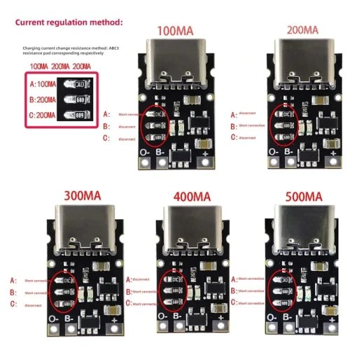Modul Charger Baterai Lithium Ternary Polymer DC 4.5-5.5V dengan Protection Board, Mendukung 500/400/300/200/100mA