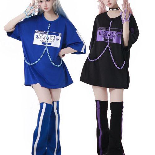 Original Anime Subkultur Kurzarm T-Shirt Set Sportlicher Stil Rundhals Midilanges Top und Kette