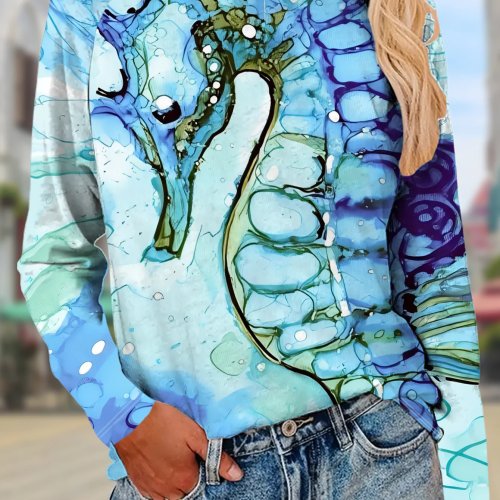 Playera de manga larga para mujer cuello redondo, estampado acuarela caballito de mar arte marino, top casual para vacaciones y otoño