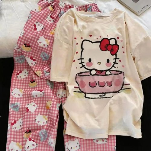 Hello Kitty Pyjama Femme Été Nouveau Mignon Grande Taille Manches Courtes Pantalon Ensemble Confortable Tenue Maison Adorable