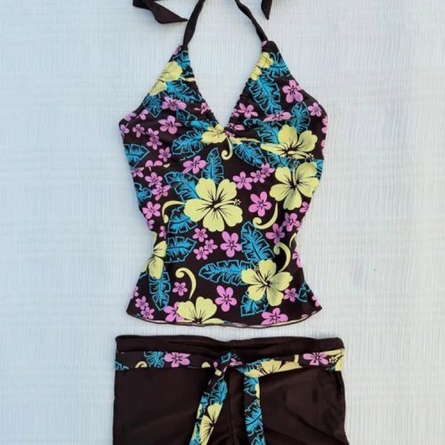 Damen Sexy Hawaiianischer Tropischer Hibiskus-Druck Bauchkontrolle Push Up Gerafft 2-teilig Halter Kreuzrücken Boy Shorts Tankini-Set