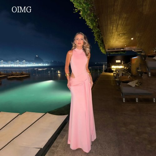 Abito da Sera Sirena Rosa Sexy Collo Alto Senza Maniche Lunghi Fino a Terra 2025 Personalizzato