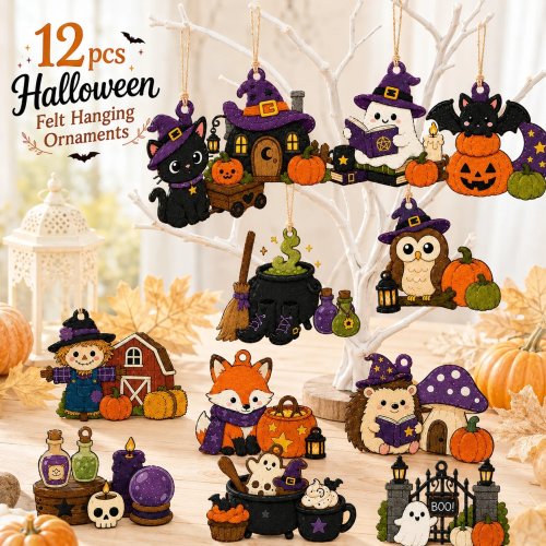 11 ชิ้น ของตกแต่งแขวนฮาโลวีนทำจากผ้าสักหลาด แบบแบน ตกแต่ง DIY สำหรับงานปาร์ตี้ฮาโลวีน