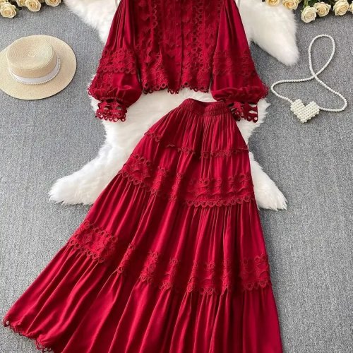 Elegant 2-Piece Women's Set: Crochet Shirt & Elastic Waist Maxi Skirt for Summer Autumn