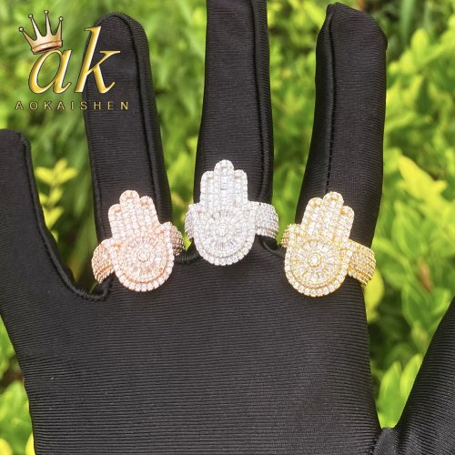 Aokaishen Anillo de mano Hamsa Iced Out para hombre, bañado en oro, circonita cúbica, joyería hip hop