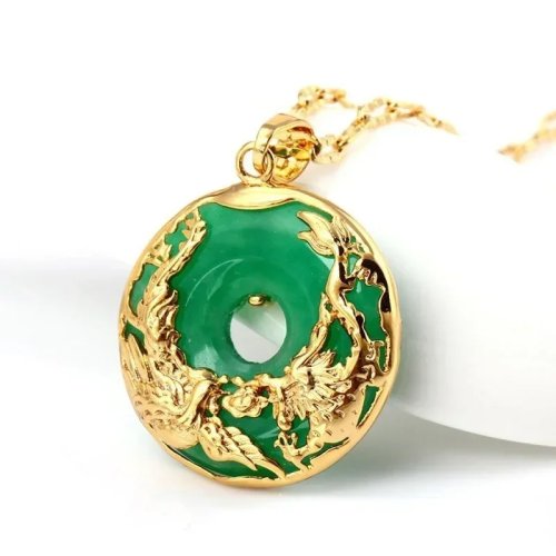 Naturgrüne Hetian Jade Drache Phönix Anhänger Halskette - Chinesisches Jadeit Amulett Schmuck Geschenk
