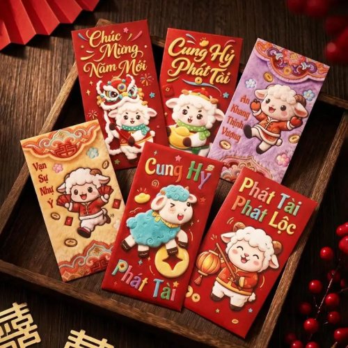 6Pcs 3D 2027 Year of the Sheep Chinese New Year Red Envelopes, Creative Lucky Money Pouches with Cute Lamb Pattern