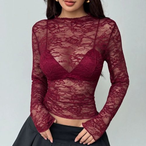 Women's High Neck Long Sleeve Lace Sheer Cropped Blouse - Soft, Comfortable, Versatile, Trendy Casual Top for Commute & Daily Wear