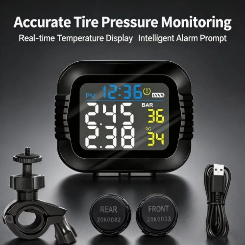 Hệ thống giám sát áp suất lốp TPMS cho xe máy với 2 cảm biến ngoài, cảnh báo nhiệt độ, thời gian thực