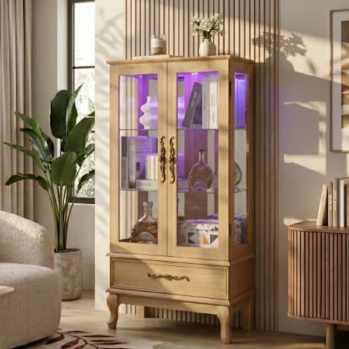 Vitrine expositora iluminada de 52" estilo antigo com prateleiras ajustáveis de vidro temperado – Armário de destaque para sala e cozinha