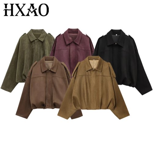 HXAO Women's Suede Bomber Jacket - Cropped, Oversized, Batwing Sleeves, Casual Street Style Coat