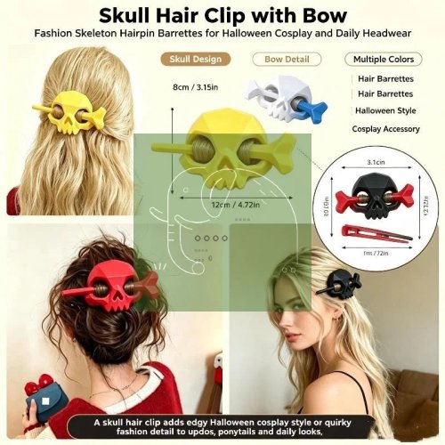 Set Aksesoris Rambut Tengkorak Halloween - Headband 3D dan 2 Jepit Rambut, Ramah Lingkungan, untuk Dekorasi Pesta Masker