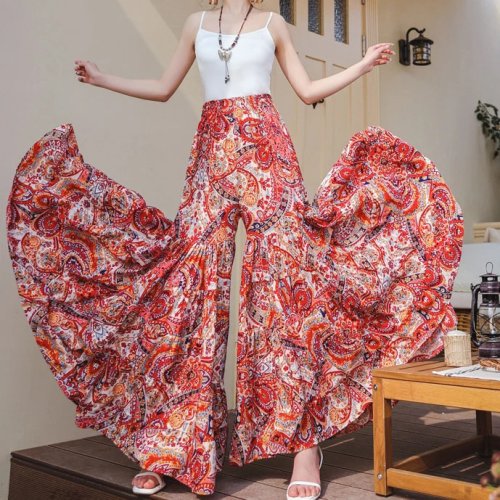 TEELYNN Women's Boho Floral Print Wide Leg Pants Casual High Waist Loose Cotton Rayon Culottes Summer Beach Maxi Skirt