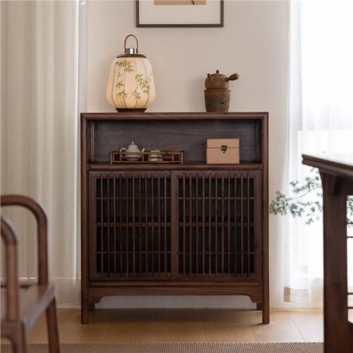 HYS Mueble auxiliar pequeño estilo neochino, aparador de comedor en nogal negro, mueble para té de recibidor