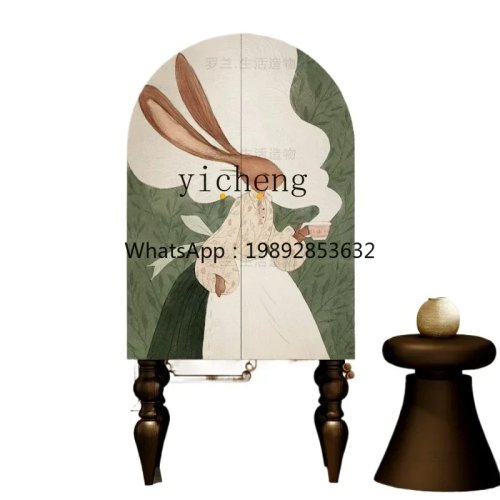Cream Style Rabbit Solid Wood Tall Storage Cabinet - Decorative Cabinet for Living Room Entrance or Sofa Side