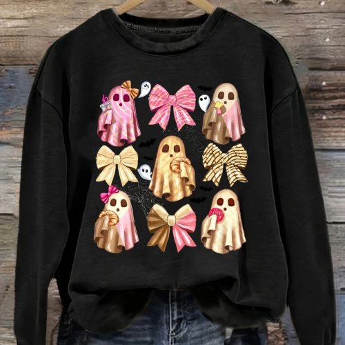 T-shirt donna maniche lunghe Halloween – Scollo rotondo, fantasmi carini con fiocchi, vestibilità ampia