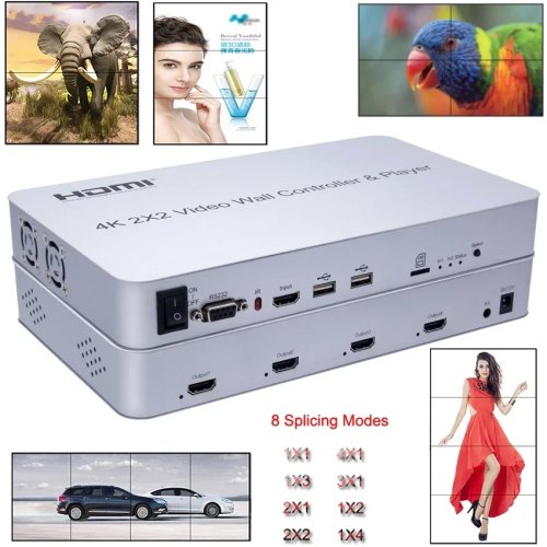 4K 2x2 HDMI Video Wall Controller - Multi Screen Splicing Processor TV Splicer with USB Flash Drive, Keyboard and Mouse