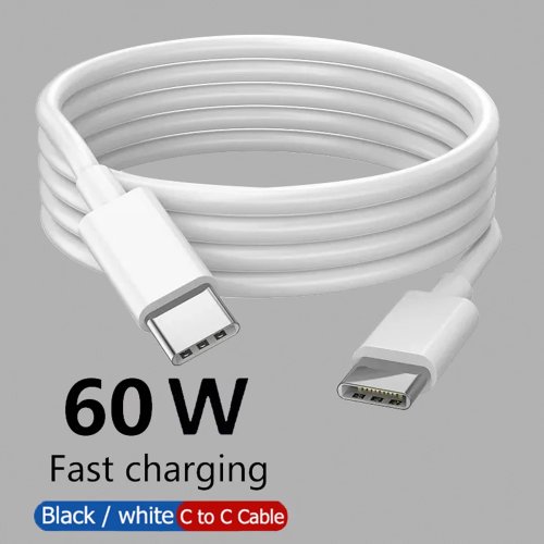 Cabo USB-C para USB-C 60W, carregamento rápido e dados, compatível com iPhone 15/15 Pro, Huawei, Samsung, Xiaomi, 1m/2m/3m, preto/branco