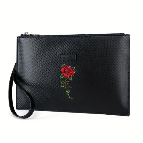 Bolso de mano para hombre de PU con estampado floral rojo elegante – moderno y práctico para el uso diario