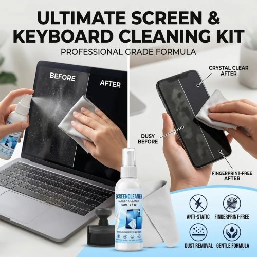 Anti-Static Screen Cleaner Kit – Spray, Cloth & Dusting Brush for Phones, Laptops, TV & Monitors (2 oz)