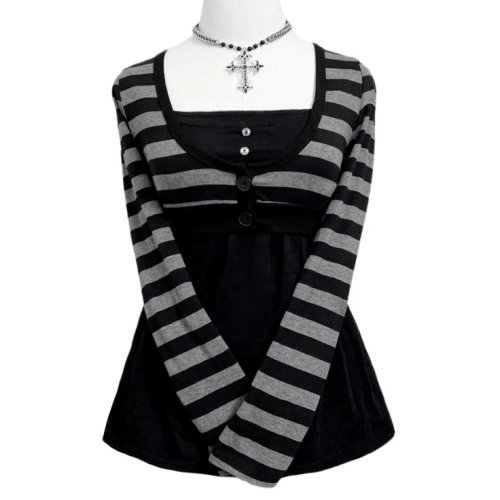 Camiseta de Manga Larga con Gráfico para Mujer Y2K Emo - Goth Grunge Aesthetic Streetwear a Rayas